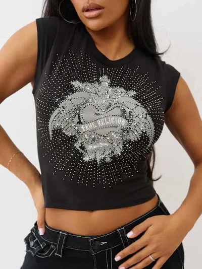 True Religion Women's Crystal Winged Heart Graphic Baby T-shirt In Black