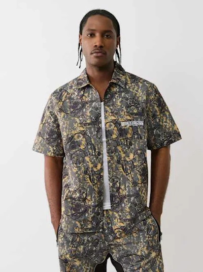True Religion Men's Buddha Camo Shirt In Gray