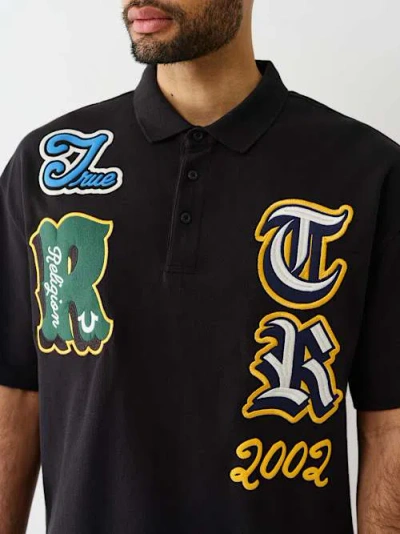 True Religion Men's Short Sleeve Overt Patch Polo Shirt In Black