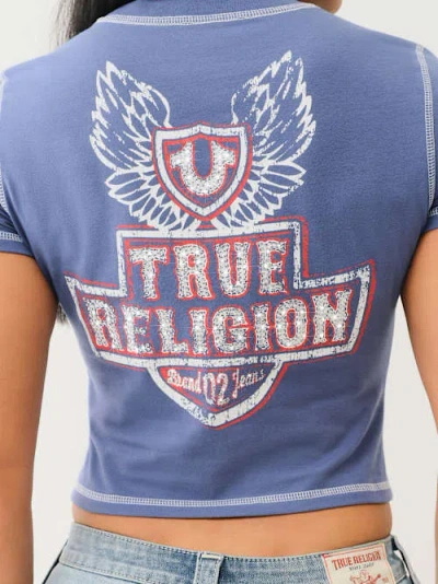 True Religion Women's Flatlock Winged Crystal Logo Baby T-shirt In Blue