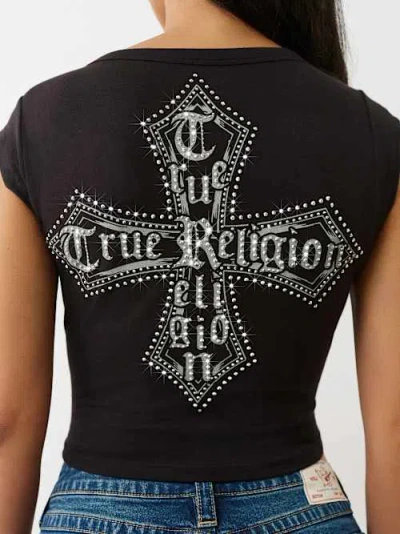 True Religion Women's Crystal Logo Crest Baby T-shirt