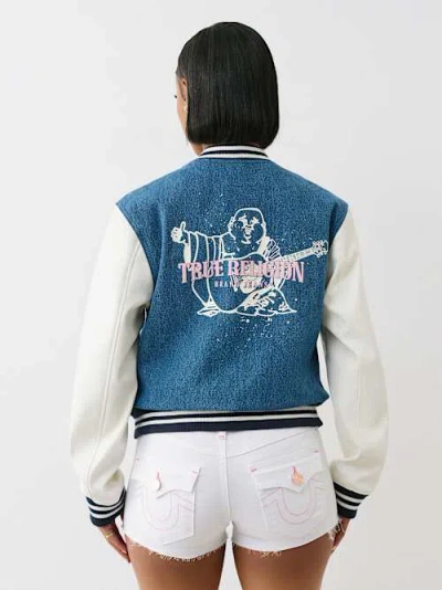 True Religion Women's Denim Buddha Varsity Jacket In Blue