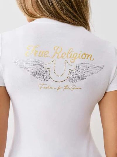 True Religion Women's Crystal Winged Horseshoe V Neck T-shirt In White