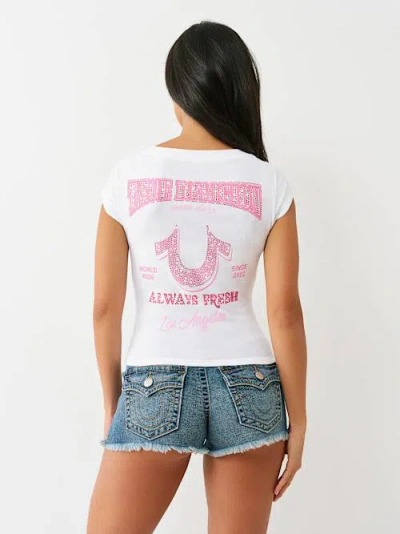 True Religion Women's Crystal Logo Low Plunge T-shirt