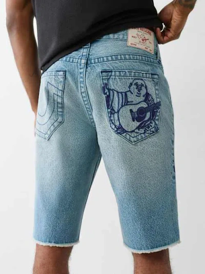 True Religion Ricky Embroidered Buddha Pocket Frayed Short In Blue