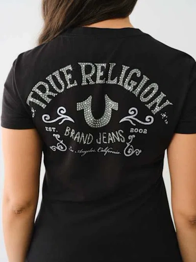 True Religion Women's Crystal Logo V Neck T-shirt In Black