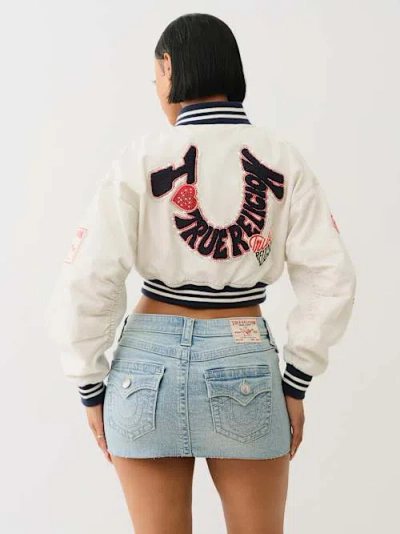 True Religion Crop Varsity Jacket In White