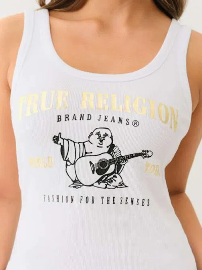 True Religion Women's Ribbed Metallic Buddha Tank Top In White