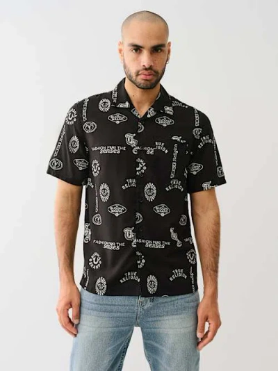 True Religion Men's Allover Logo Resort Shirt In Black
