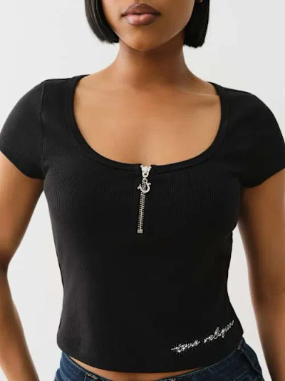 True Religion Women's Half Zip Ribbed Top In Black