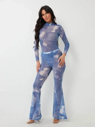 True Religion Women's Jean Graphic Print Mesh Flare Pant In Blue