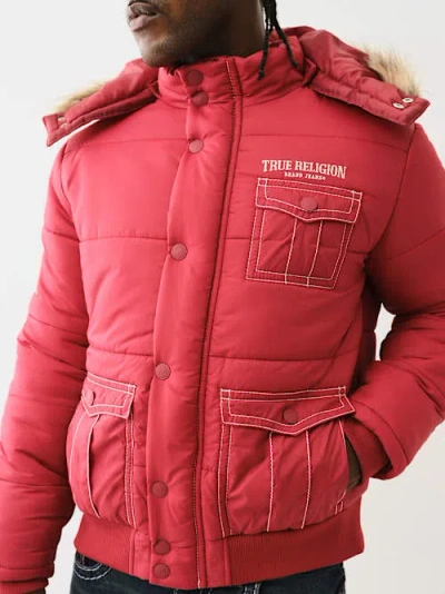 True Religion Men's Fur Hood Big T Puffer Jacket In Red