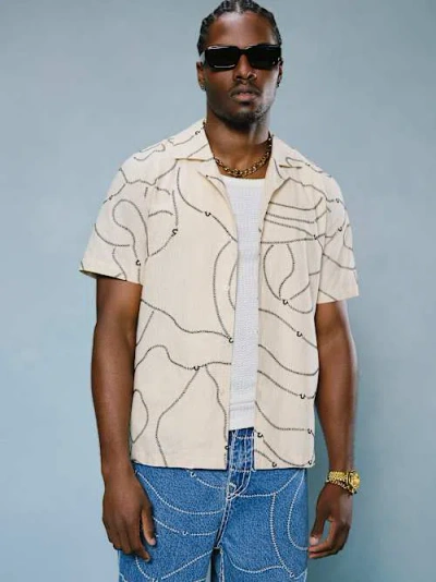 True Religion Men's Baseball Stitch Camp Collar Shirt In Neutral