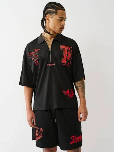 True Religion Mesh Graphic Quarter Zip Polo In Black