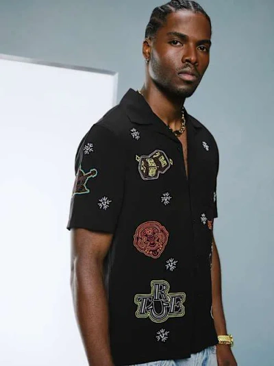 True Religion Men's Groovy Embroidery Camp Collar Shirt In Black