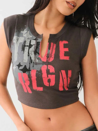 True Religion Top Notched Neck Ribbed Crop Top In Black