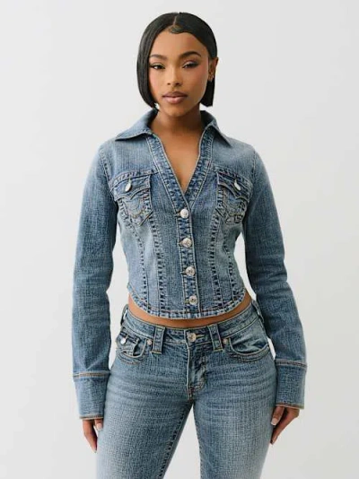 True Religion Women's Long Sleeve Denim Shirt In Blue