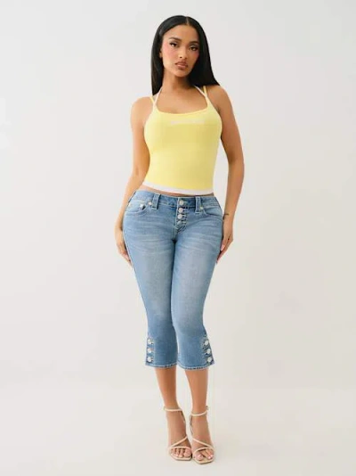 True Religion Women's Low Rise Button Hem Flap Capri In Blue