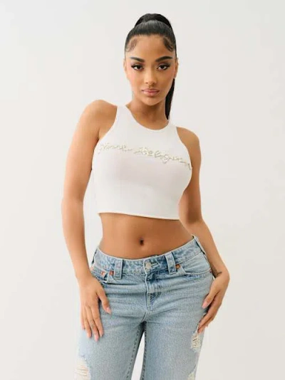 True Religion Women's Crystal Logo Crop Tank Top In White