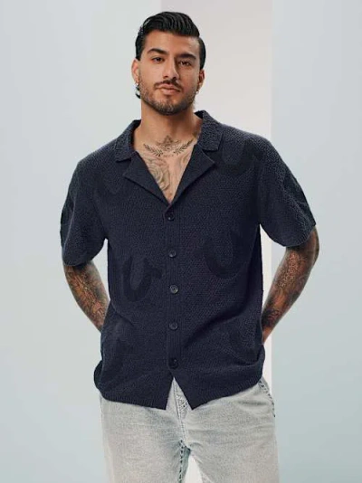 True Religion Men's Horseshoe Knit Camp Collar Shirt In Black
