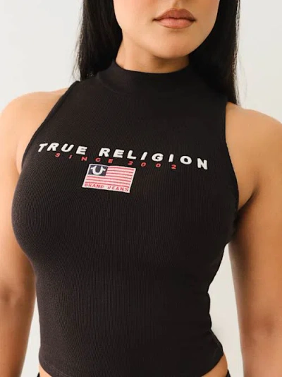 True Religion Women's Flag Embroidered Mock Neck Tank Top In Black