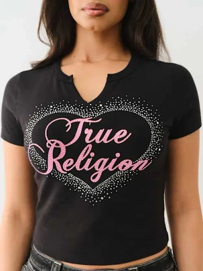 True Religion Women's Crystal Heart Notch Baby T-shirt In Black