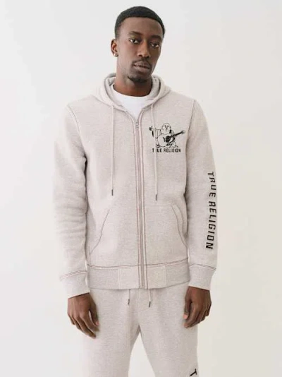 True Religion Embossed Triple Stitch Zip Hoodie In Neutral