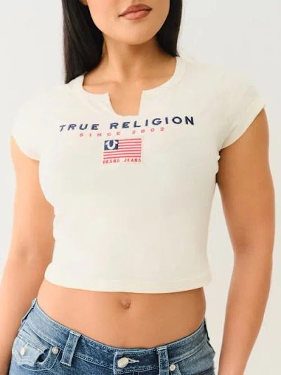 True Religion Women's Embroidered V Notch Baby T-shirt In White