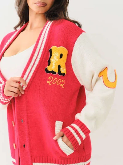 True Religion Women's Logo Varsity Cardigan Sweater In Red
