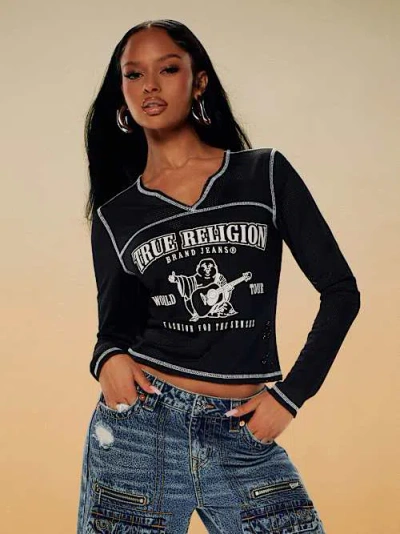 True Religion Women's Buddha Jersey Mesh V Notch Top In Black