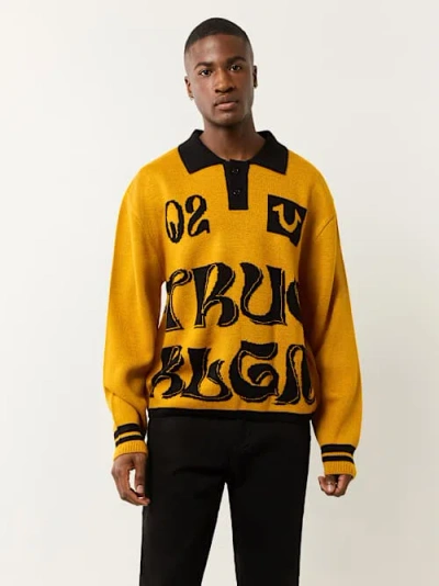 True Religion Men's Long Sleeve Wavy Logo Polo Sweater In Yellow