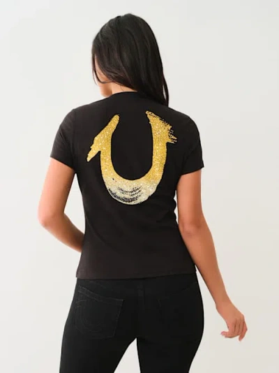 True Religion Women's Crystal Ombre Horseshoe V Neck T-shirt In Black