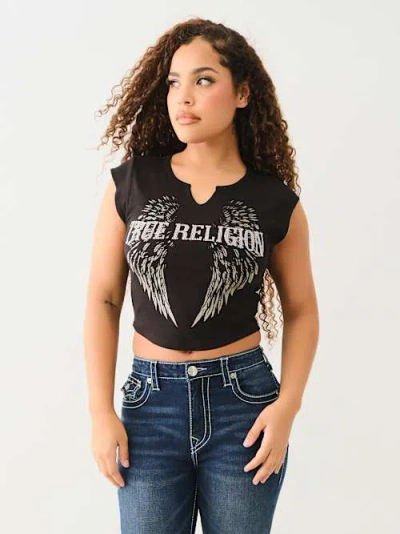 True Religion Crystal Logo Winged Notch Baby Tee In Black