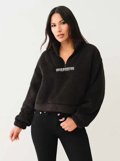 True Religion Sherpa Logo Half-zip Pullover In Black