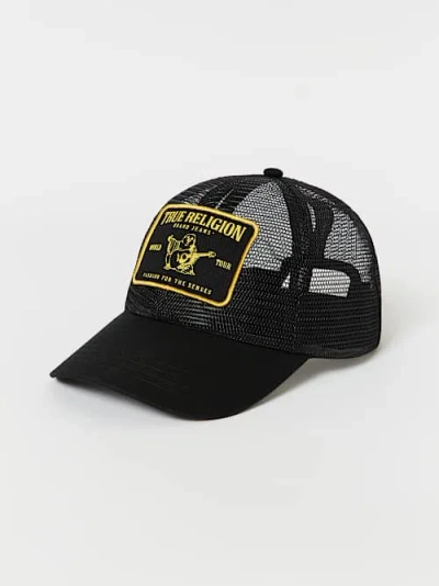 True Religion Men's Logo Patch Mesh Trucker Hat In Black