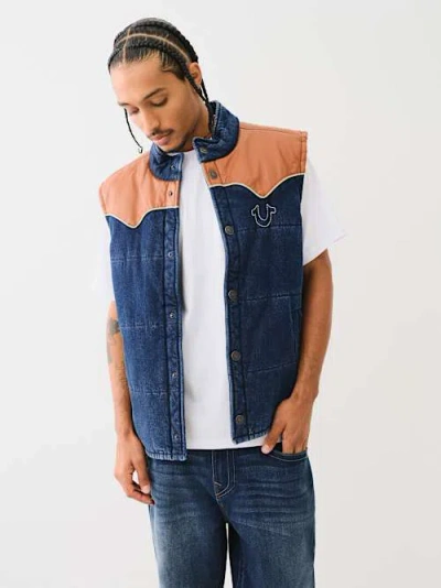 True Religion Men's Western Denim Puffer Vest In Blue
