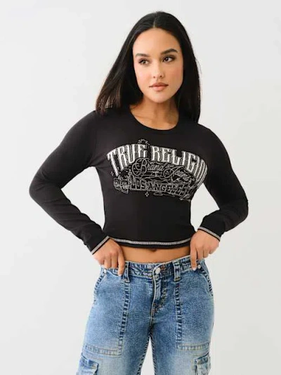 True Religion Women's Crystal Contrast Stitch Long Sleeve Baby T-shirt In Black