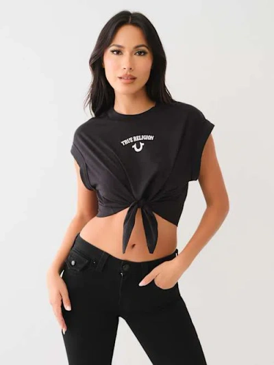 True Religion Women's Logo Front Tie Front T-shirt In Black