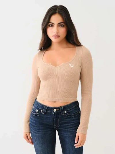True Religion Women's Seamless Notch Long Sleeve Top In Brown