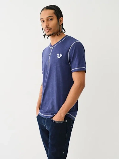 True Religion Men's Contrast Stitch Slub Henley T-shirt In Blue