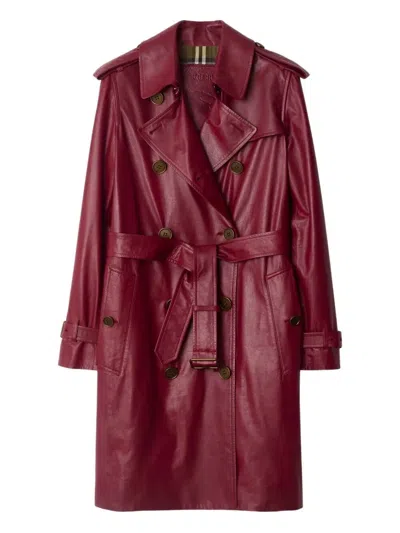 Burberry Mid-length Leather Kensington Trench Coat In Burgundy