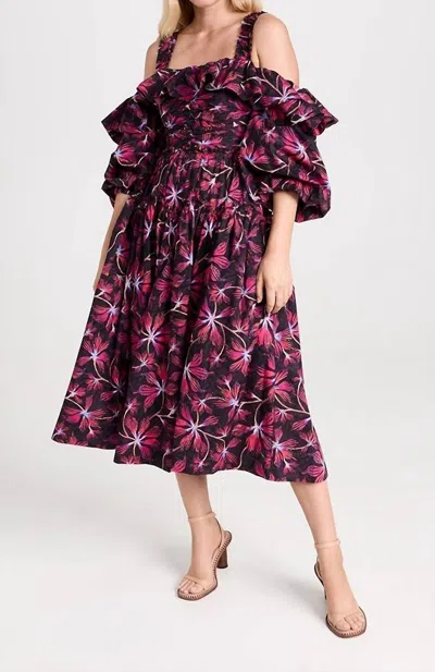 Ulla Johnson Caprice Floral Cold Shoulder Long Sleeve Cotton Dress In Purple