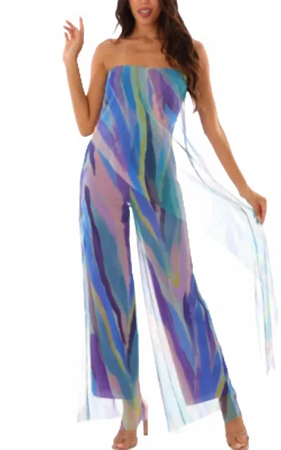 Elana Kattan Sheer Mesh Strapless Jumpsuit In Aquarelle