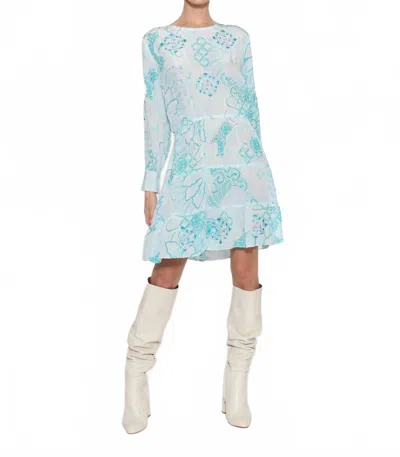 Taj By Sabrina Crippa A-line Long Sleeves Mini Dress In Aqua Paisley Floral In Blue