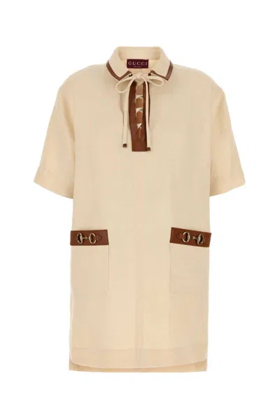 Gucci Linen Mini Dress Bow Detail In Neutral