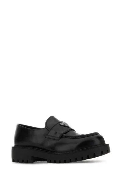Prada Polished Black Leather Loafers With Chunky Rubber Sole In Black