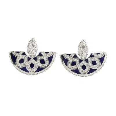 Artisan Women's White / Blue Natural Diamond Enamel Stud Earrings In White Gold
