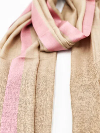 Transcend Women's Brown Cashmere Scarf - Beige With Pink Border