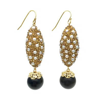 Farra Women's Black Tiger Eye With Rhinestones Bordered Pearls Dangle Earrings