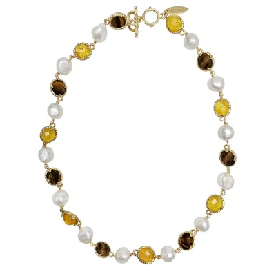 Farra Women's Yellow / Orange Irregular Freshwater Pearls With Yellow Quartz And Tiger-eye Stone Necklace